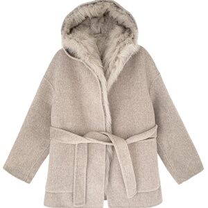 Women's Fox Fur-Trimmed Wool Coat – Hooded, Belted, Solid Color Overcoat for Win